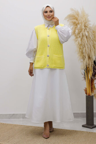 Düğmeli Triko Süveter TSD250221 Sarı - 3