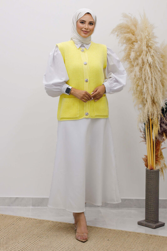 Düğmeli Triko Süveter TSD250221 Sarı - 4