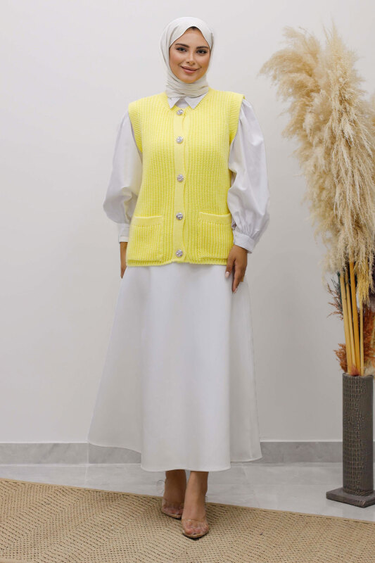 Düğmeli Triko Süveter TSD250221 Sarı - 1