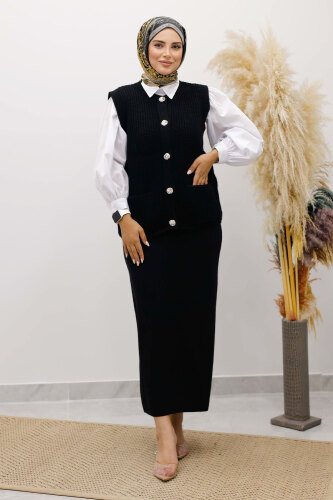 Düğmeli Triko Süveter TSD250221 Siyah 