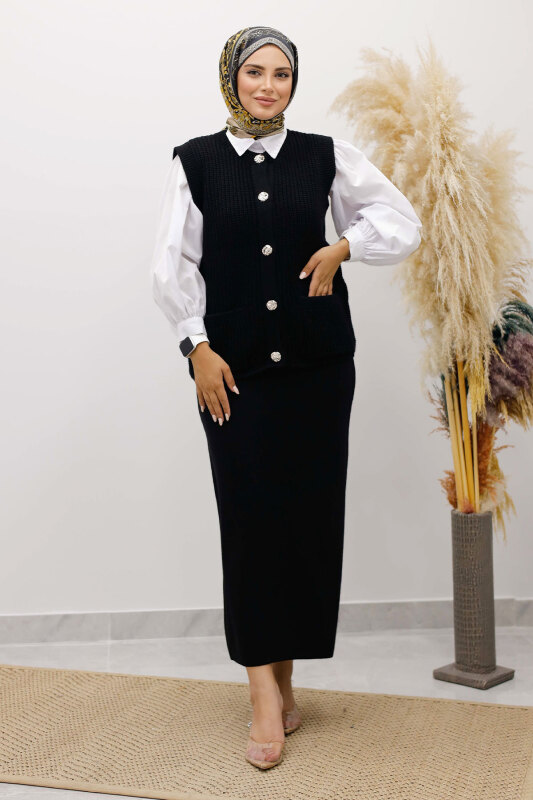 Düğmeli Triko Süveter TSD250221 Siyah - 1