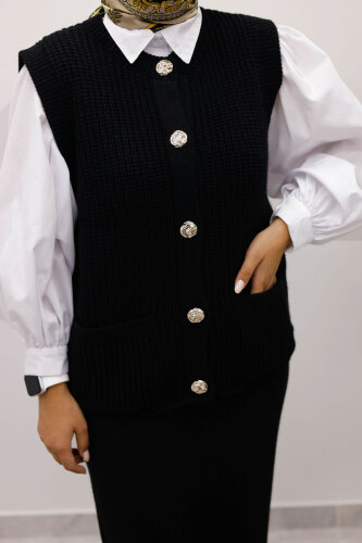 Düğmeli Triko Süveter TSD250221 Siyah - 2