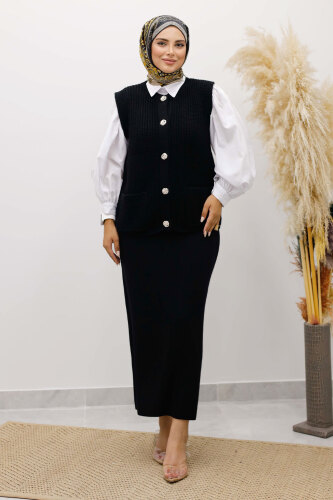 Düğmeli Triko Süveter TSD250221 Siyah - 4