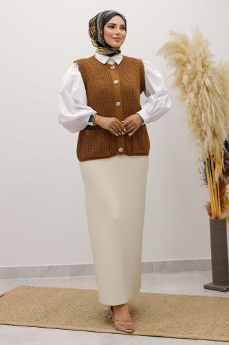 Düğmeli Triko Süveter TSD250221 Taba - 1