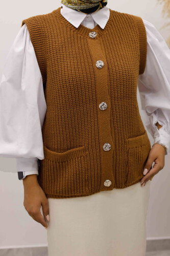 Düğmeli Triko Süveter TSD250221 Taba - 2