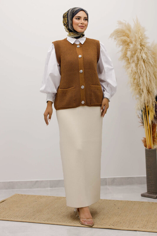 Düğmeli Triko Süveter TSD250221 Taba - 3