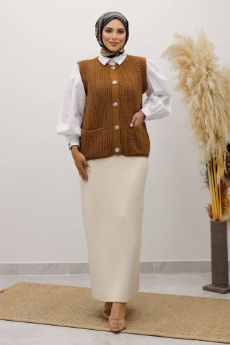 Düğmeli Triko Süveter TSD250221 Taba - 4