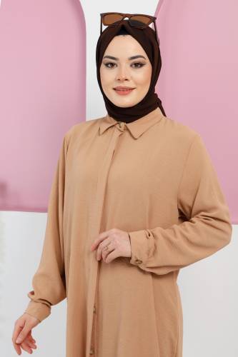 Büyük Beden Düğmeli Tunik TSD220320 Camel - Tesettür Dünyası (1)