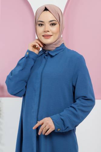Büyük Beden Düğmeli Tunik TSD220320 İndigo - Tesettür Dünyası (1)