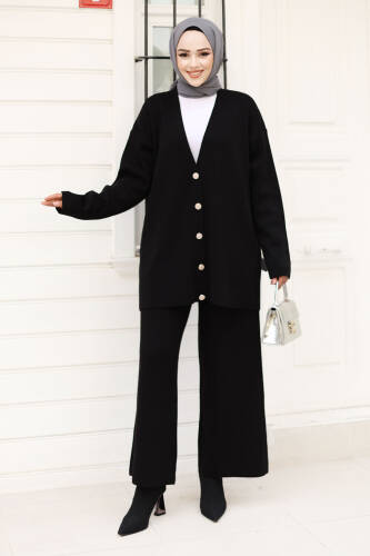 Düğmesi Taşlı Triko Hırka Takım TSD240932 Siyah - Tesettür Dünyası