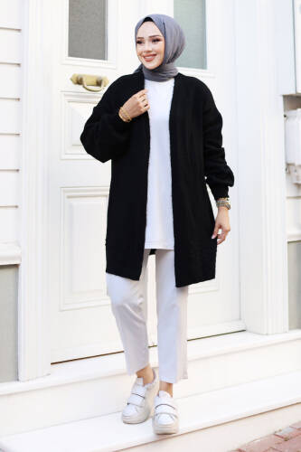 Düğmesiz Balon Kol Triko Hırka TSD240803 Siyah - Tesettür Dünyası