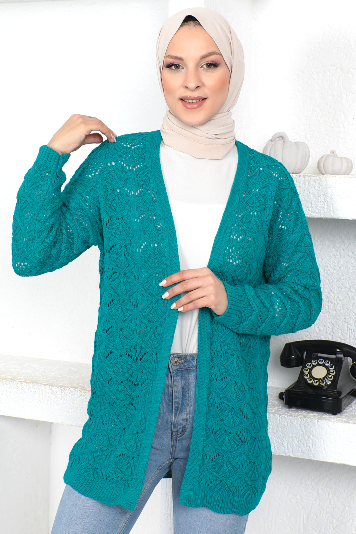 Tesettür Dünyası - Düğmesiz Triko Hırka TSD230355 Turkuaz