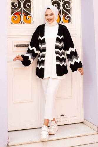 Düşük Kol Zikzak Desenli Triko Hırka TSD240702 Siyah 