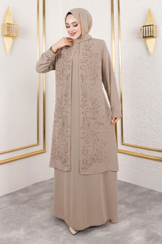 Ek Parçalı Bisiklet Yaka Elbise TSD250125 Bej 