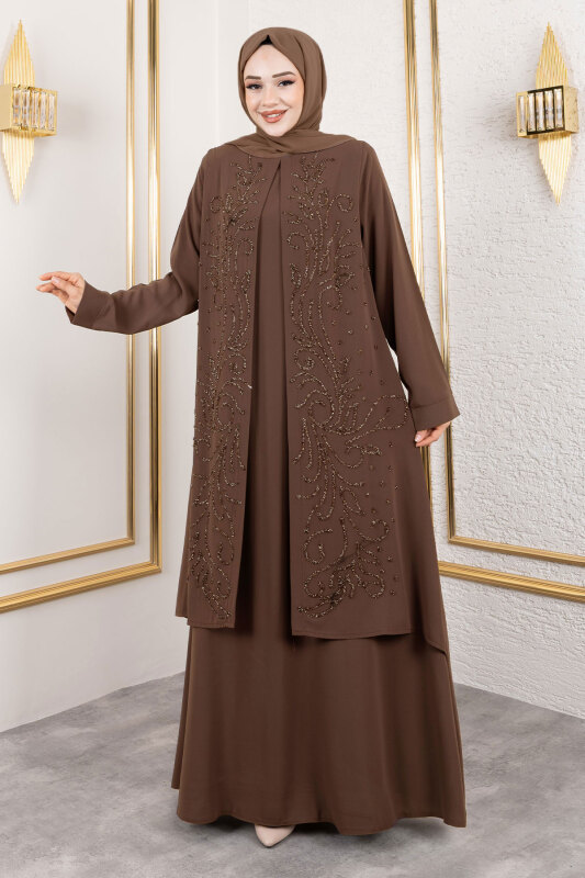 Ek Parçalı Bisiklet Yaka Elbise TSD250125 Kahverengi - 3