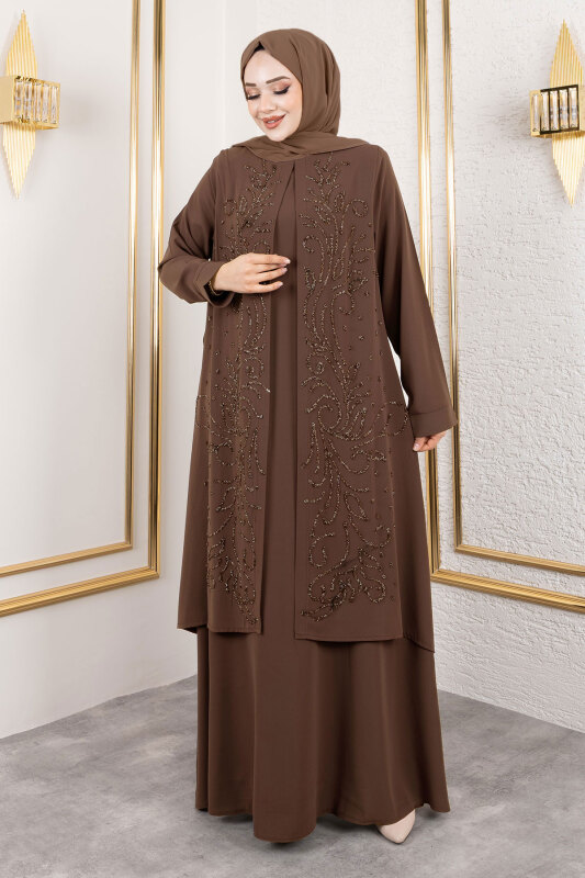 Ek Parçalı Bisiklet Yaka Elbise TSD250125 Kahverengi - 4