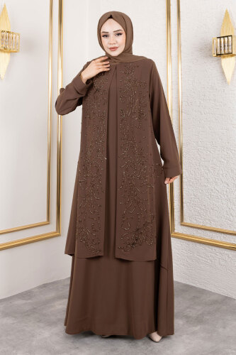 Ek Parçalı Bisiklet Yaka Elbise TSD250125 Kahverengi - 1
