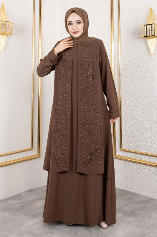 Ek Parçalı Bisiklet Yaka Elbise TSD250125 Kahverengi - 1