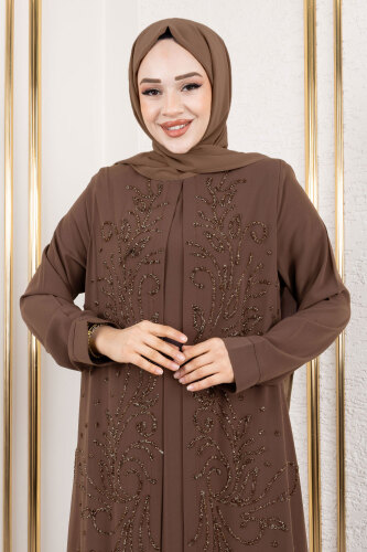 Ek Parçalı Bisiklet Yaka Elbise TSD250125 Kahverengi - 2