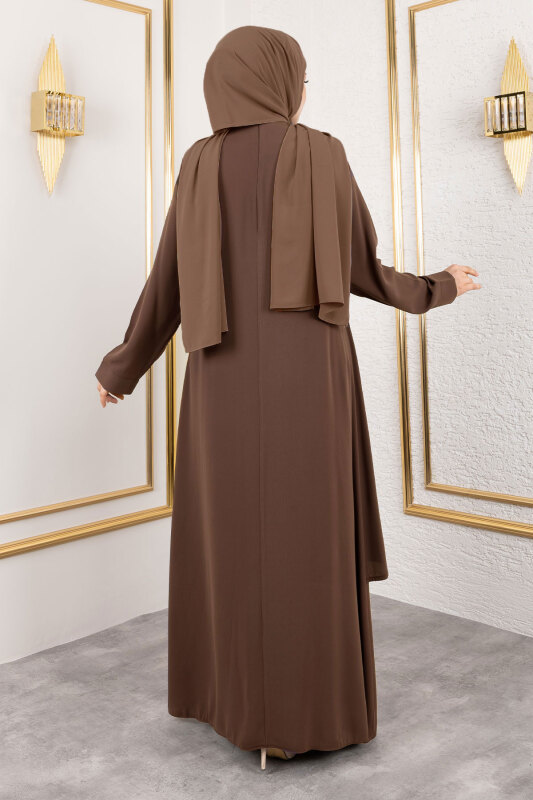 Ek Parçalı Bisiklet Yaka Elbise TSD250125 Kahverengi - 6