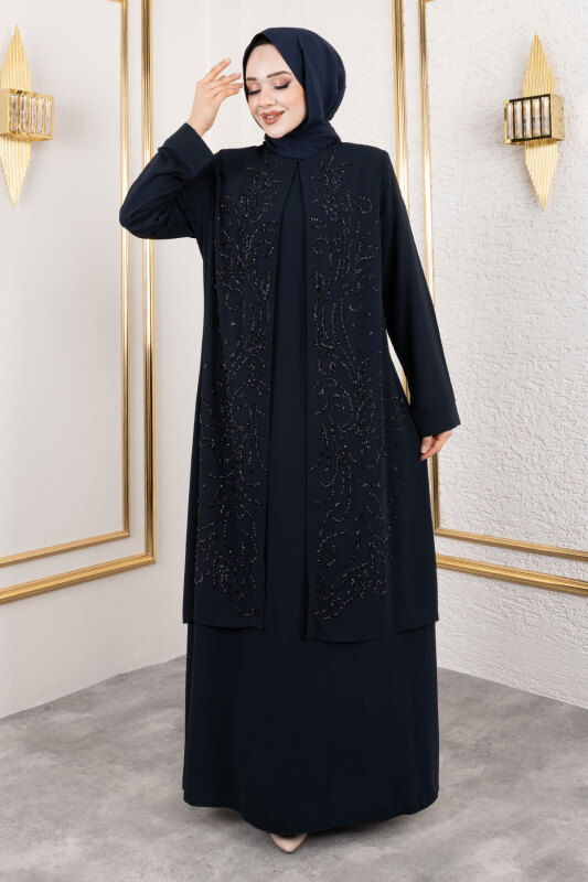 Ek Parçalı Bisiklet Yaka Elbise TSD250125 Lacivert - 