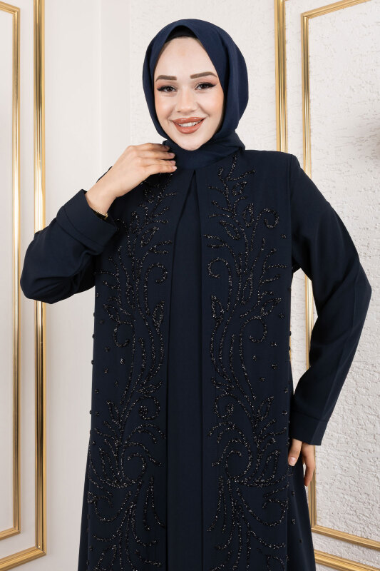 Ek Parçalı Bisiklet Yaka Elbise TSD250125 Lacivert - (1)