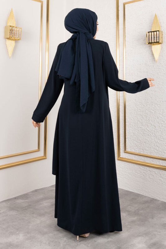 Ek Parçalı Bisiklet Yaka Elbise TSD250125 Lacivert - 6