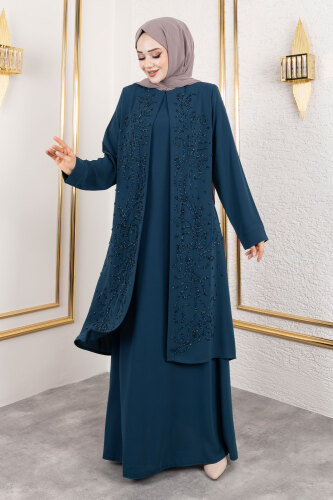 Ek Parçalı Bisiklet Yaka Elbise TSD250125 Petrol 