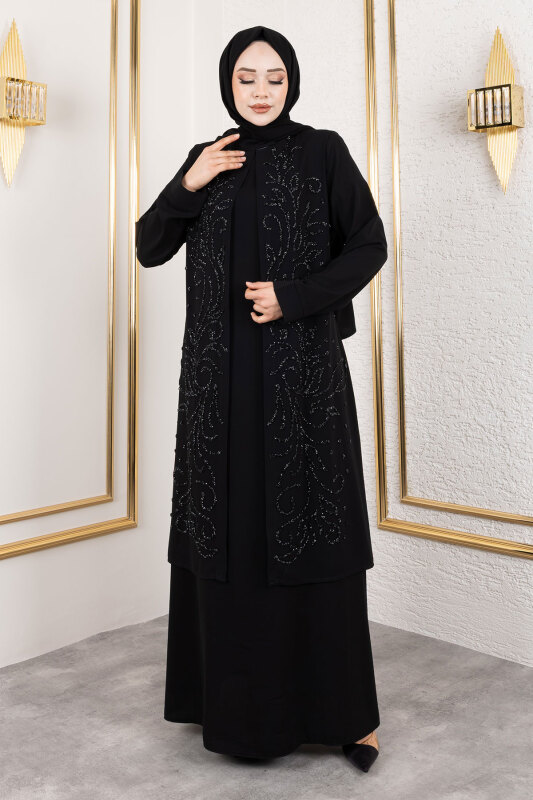 Ek Parçalı Bisiklet Yaka Elbise TSD250125 Siyah - 3