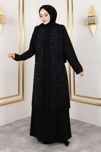 Ek Parçalı Bisiklet Yaka Elbise TSD250125 Siyah 