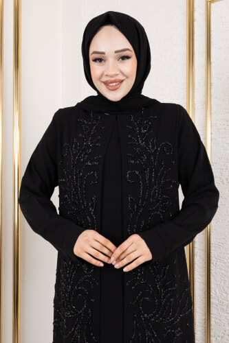 Ek Parçalı Bisiklet Yaka Elbise TSD250125 Siyah - 2