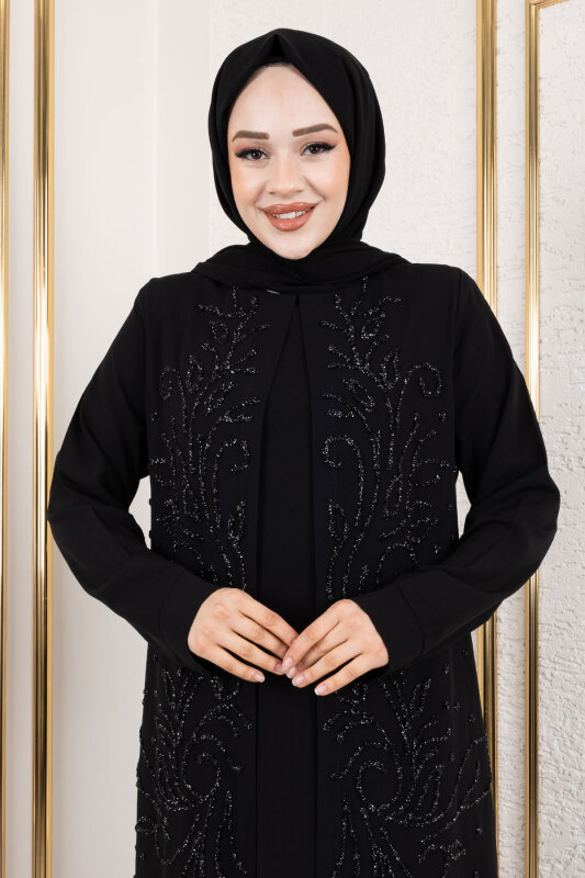 Ek Parçalı Bisiklet Yaka Elbise TSD250125 Siyah - (1)