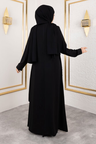 Ek Parçalı Bisiklet Yaka Elbise TSD250125 Siyah - 6