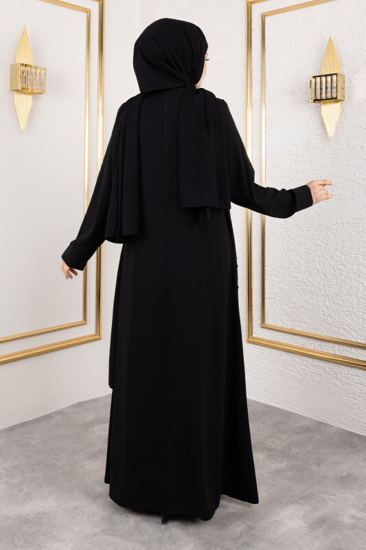 Ek Parçalı Bisiklet Yaka Elbise TSD250125 Siyah - 6