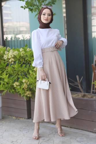 Ekose Desenli Etek TSD220603 Bej - 2