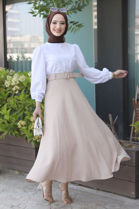 Ekose Desenli Etek TSD220603 Bej - 1