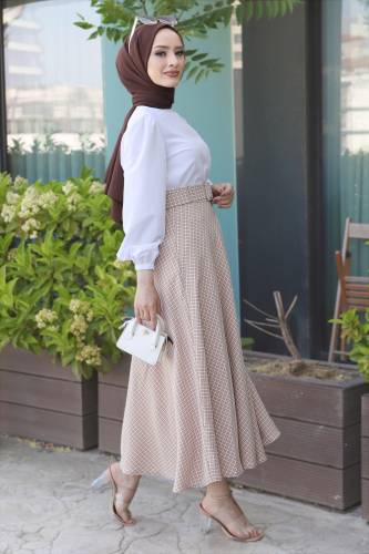 Ekose Desenli Etek TSD220603 Bej - 4