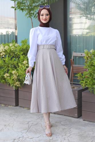 Ekose Desenli Etek TSD220603 Krem 