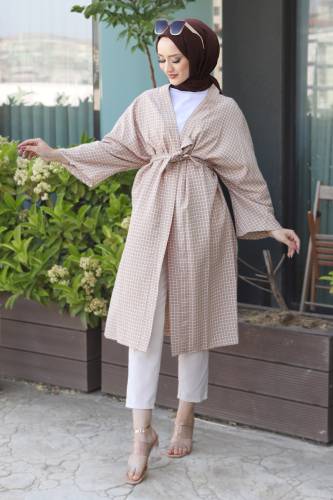 Ekose Desenli Kimono TSD220541 Bej 