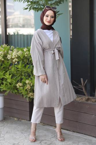 Ekose Desenli Kimono TSD220541 Krem 