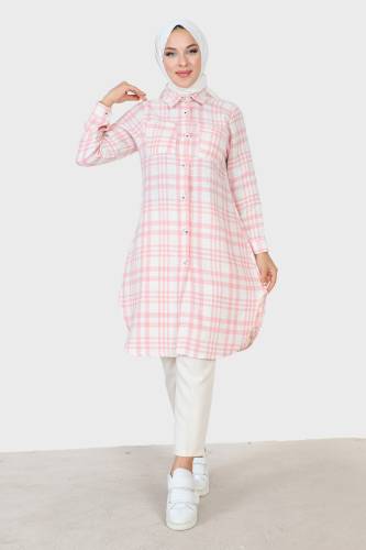 Ekose Desenli Şanel Gömlek TSD230921 Pembe - 1