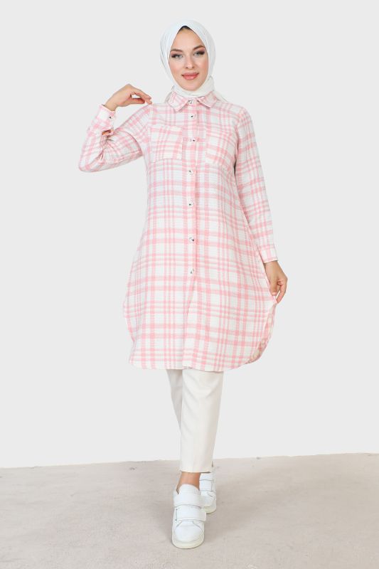 Ekose Desenli Şanel Gömlek TSD230921 Pembe - 1