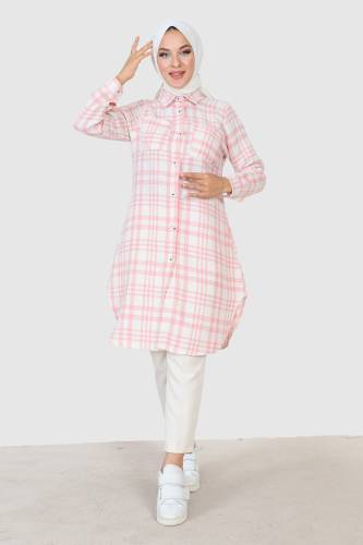 Ekose Desenli Şanel Gömlek TSD230921 Pembe - 3