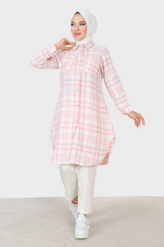 Ekose Desenli Şanel Gömlek TSD230921 Pembe - 4