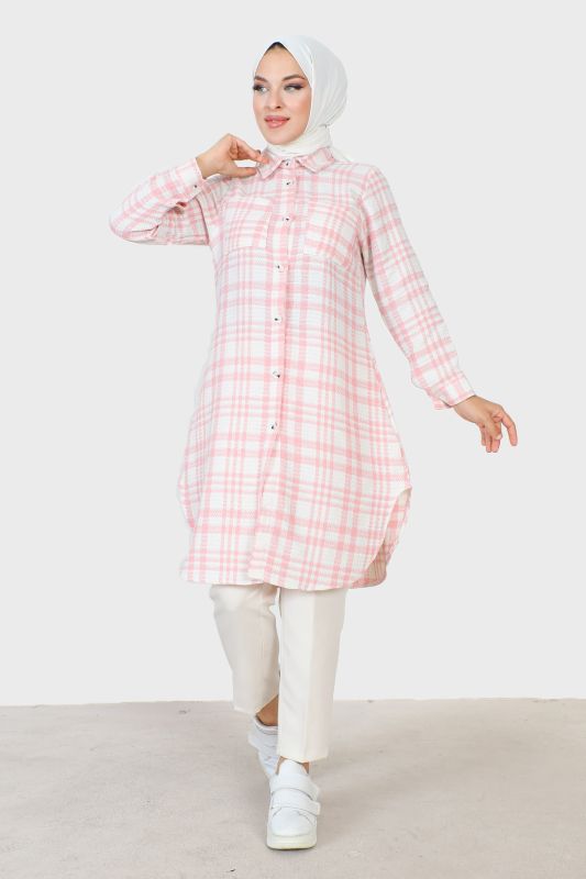 Ekose Desenli Şanel Gömlek TSD230921 Pembe - 4