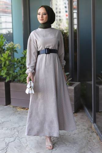 Ekose Elbise TSD220542 Krem - Tesettür Dünyası