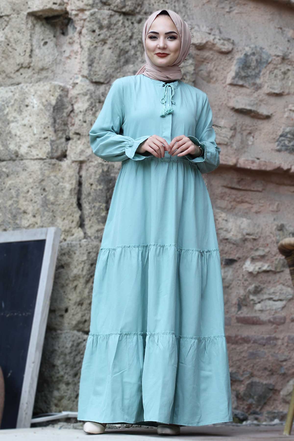 Tesettür Dünyası - Elastic Sleeve Elastic Detailed Hijab Dress TSD0173 Mint