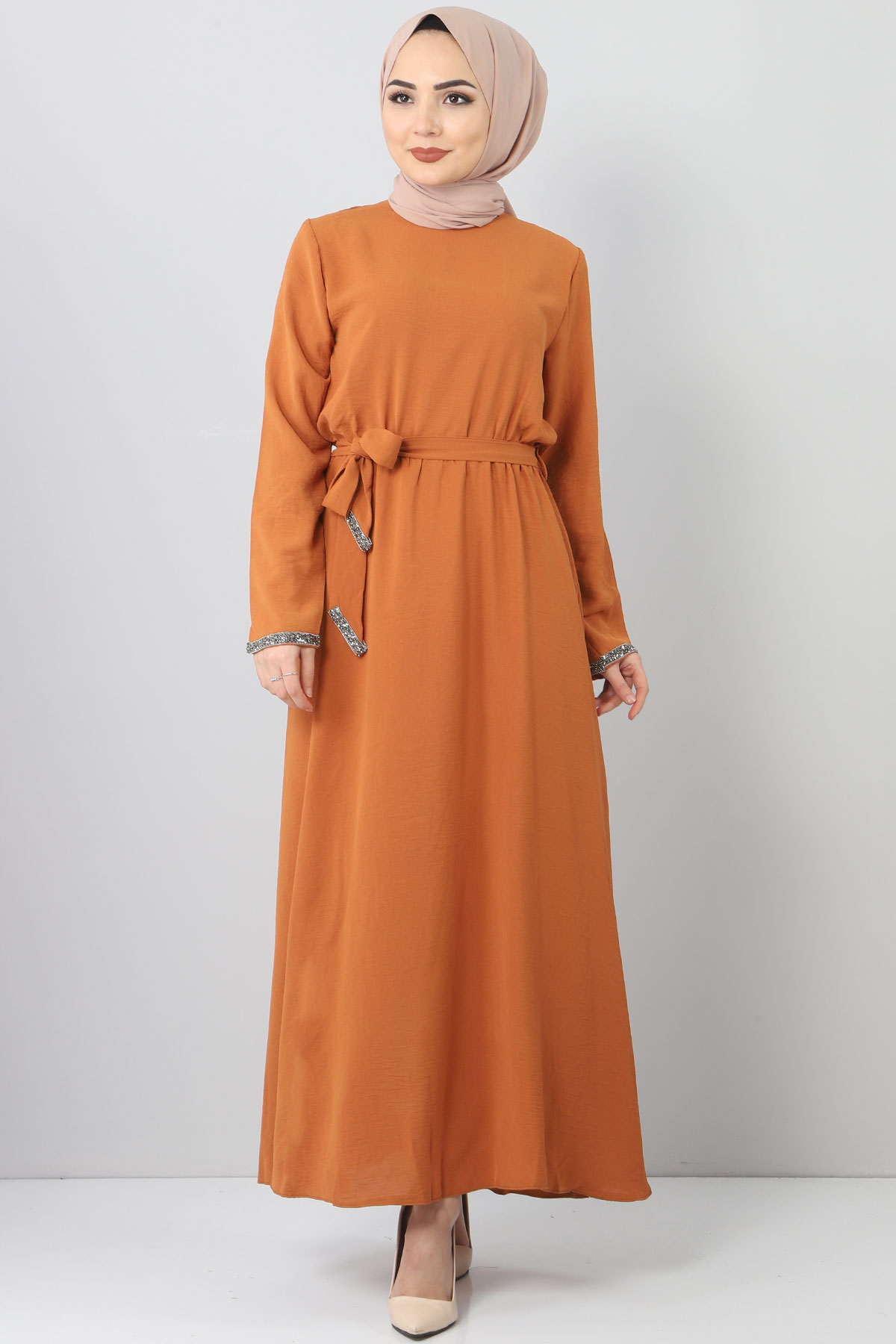 Tesettür Dünyası - Embroidered Dress TSD6555 Brown