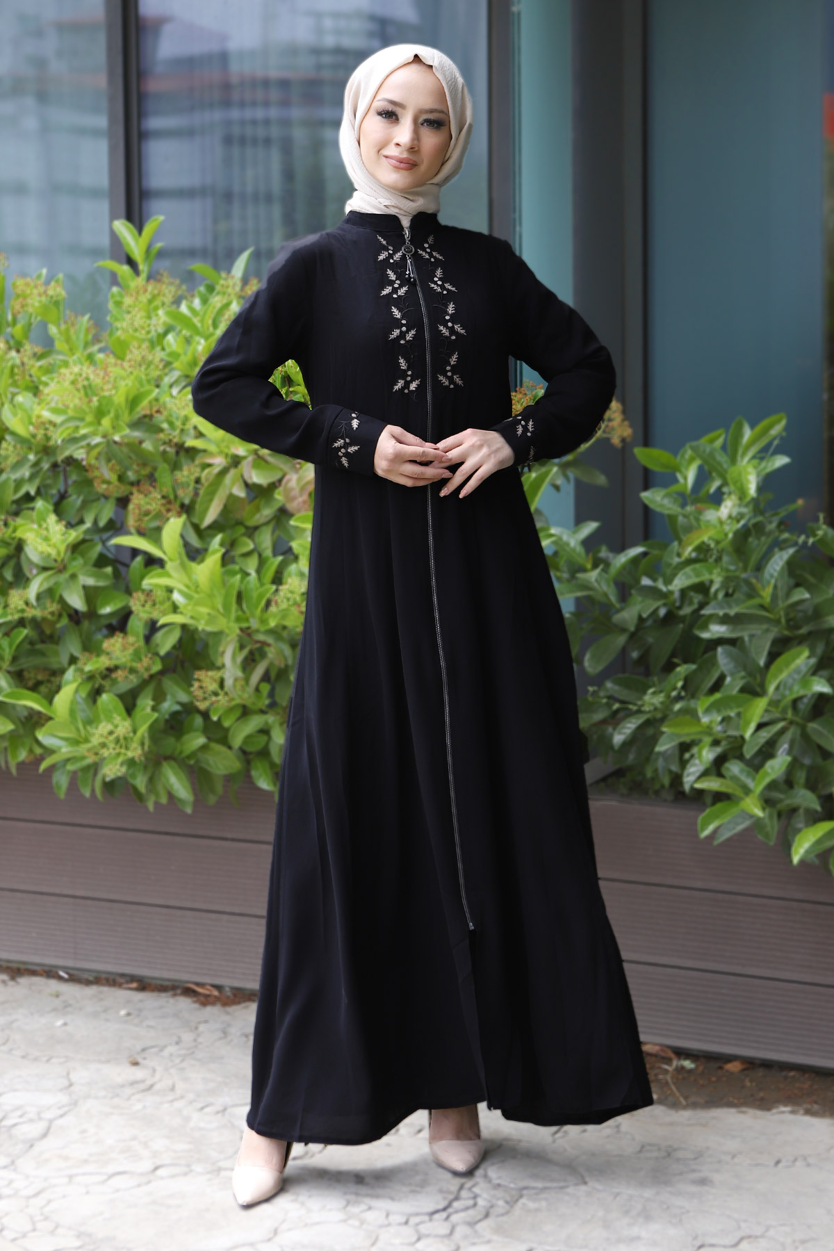 Tesettür Dünyası - Embroidery Hijab Abaya TSD7026 Black