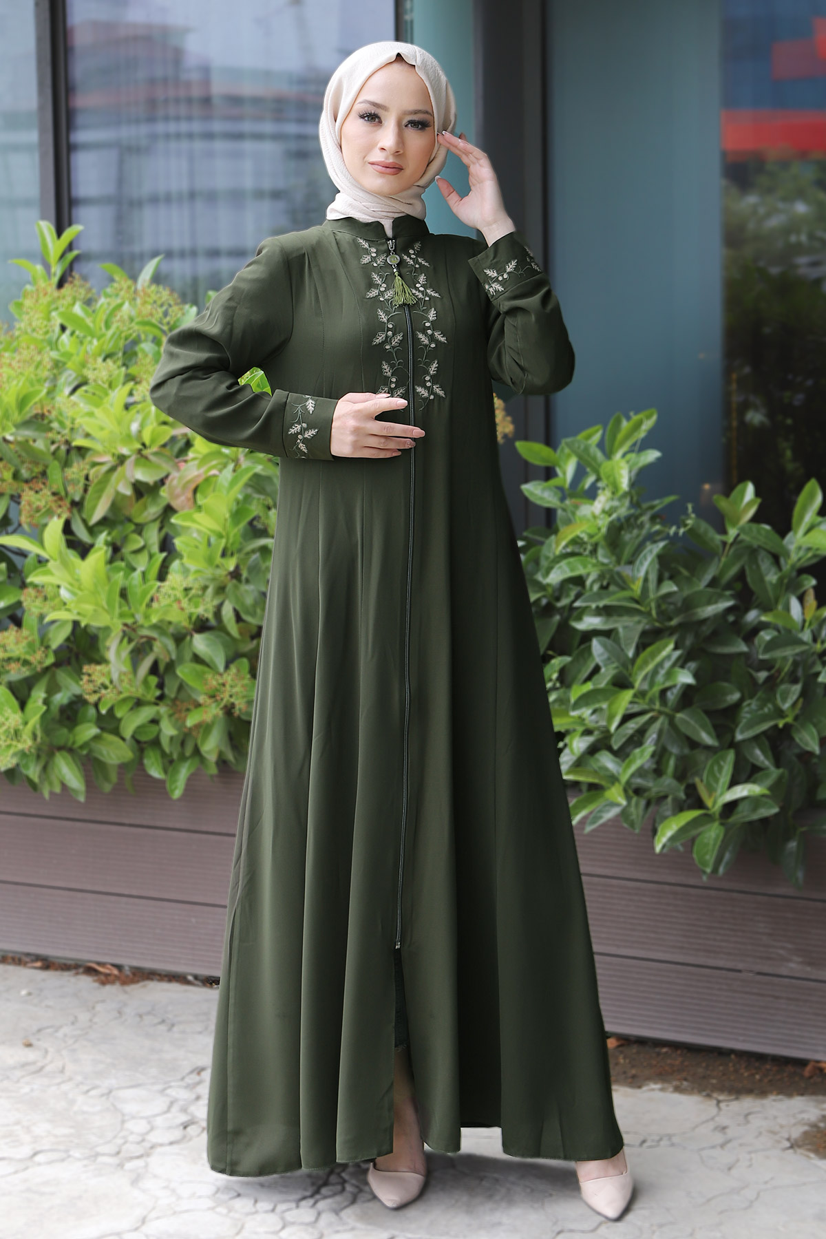 Tesettür Dünyası - Embroidery Hijab Abaya TSD7026 Khaki